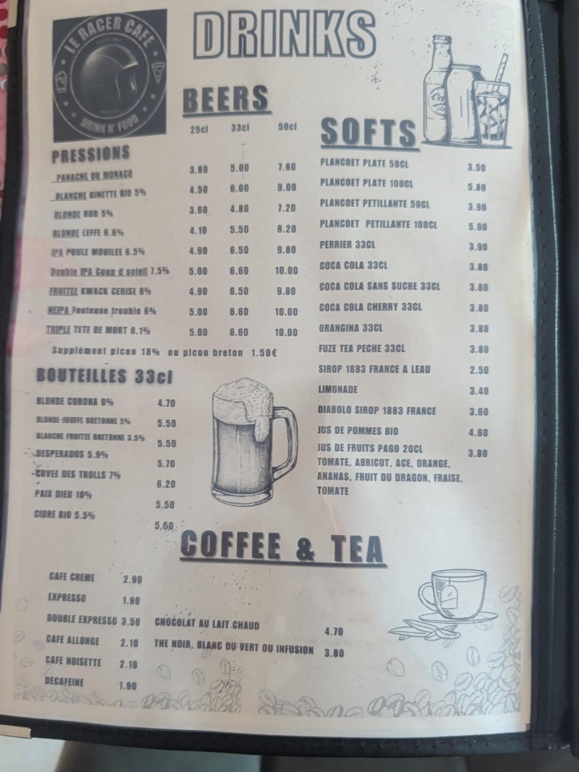 Carte : bières, softs, café et thé