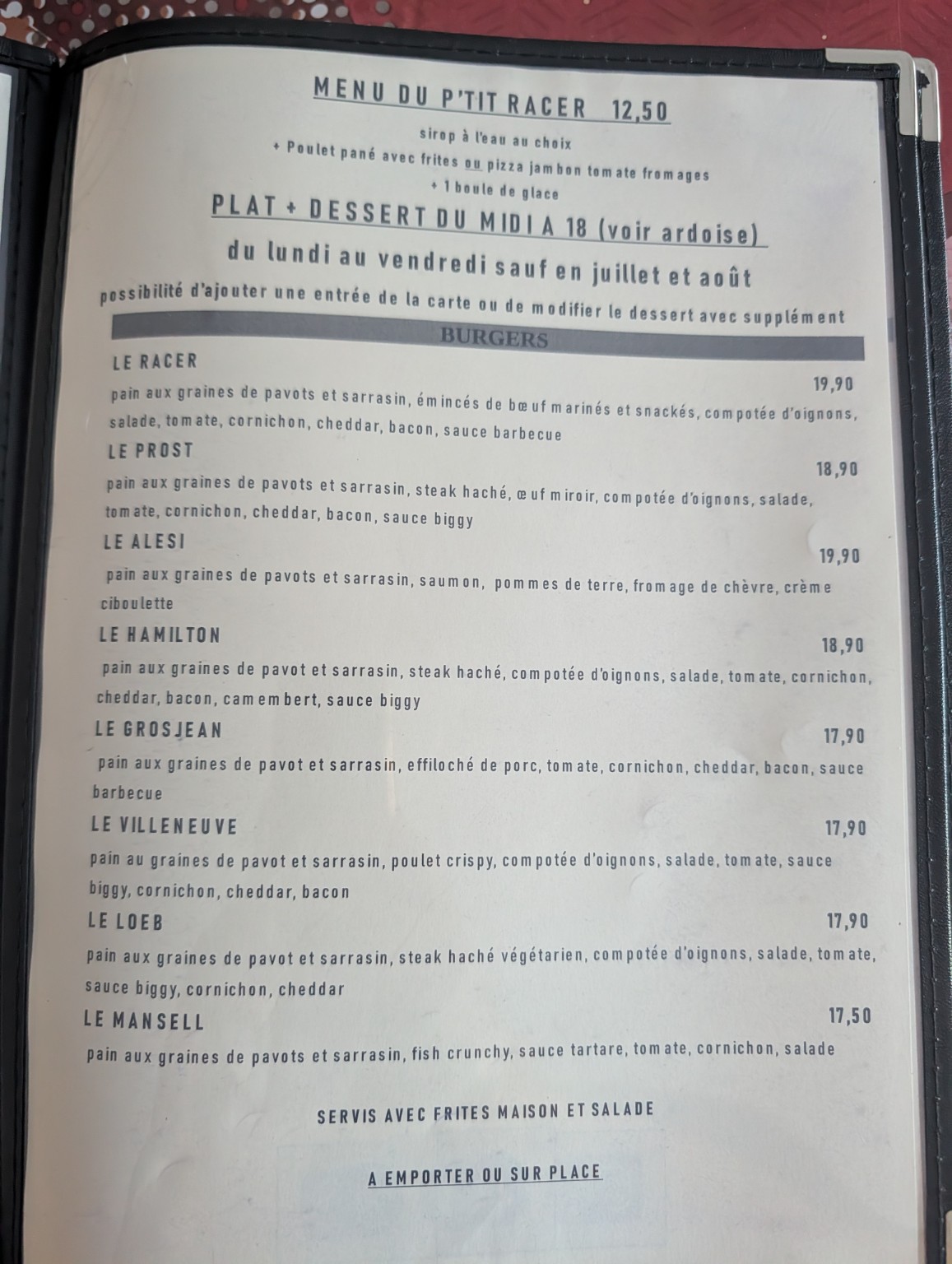 Carte : menu enfant et burgers