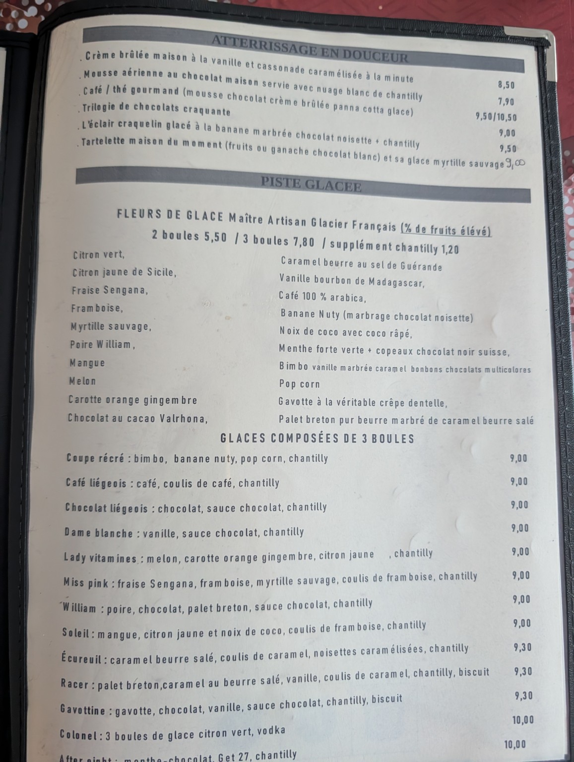 Carte : desserts et glaces